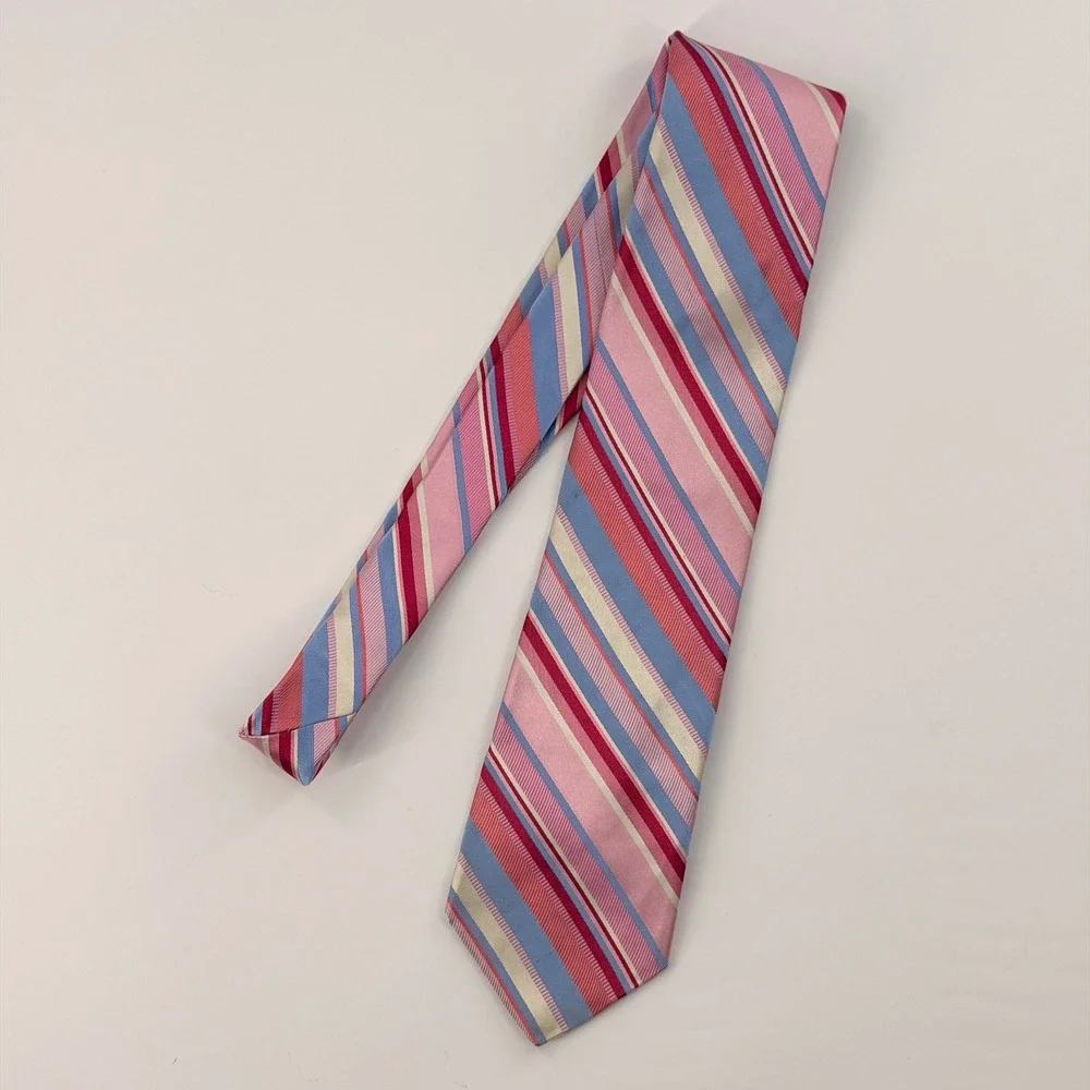 Ted Baker Silk Tie Mens One Size Pink Blue Striped Hand Tailored Luxury Tie